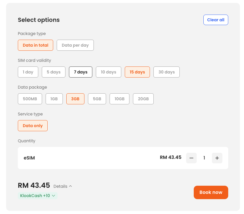 Klook esim india Pricing